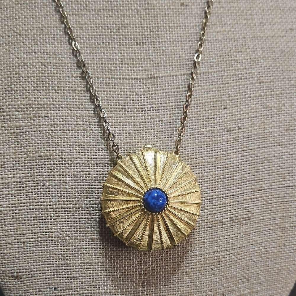 Estee Lauder Gold Sunburst Necklace with Blue Center